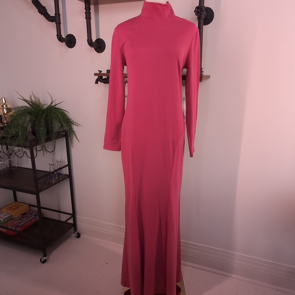Sleek Scoop Mock Neck Maxi Dress in Rose Pink. Perfect for Office Siren